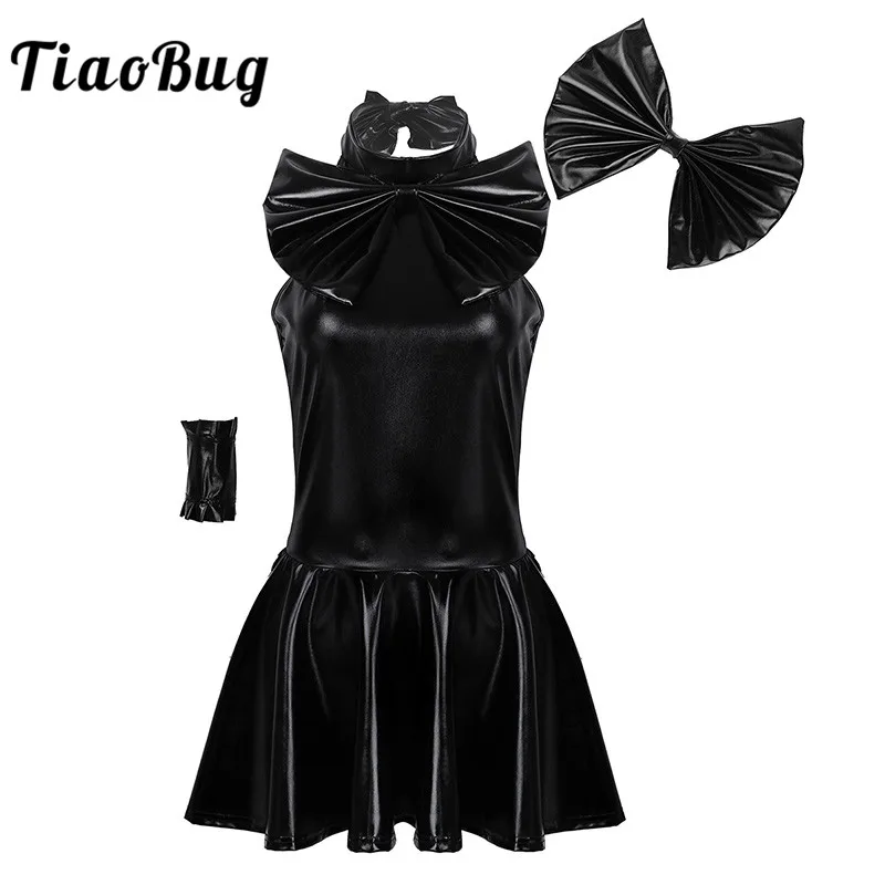 TiaoBug Women Black Wet Look Faux Leather Anime Cosplay Costume ...