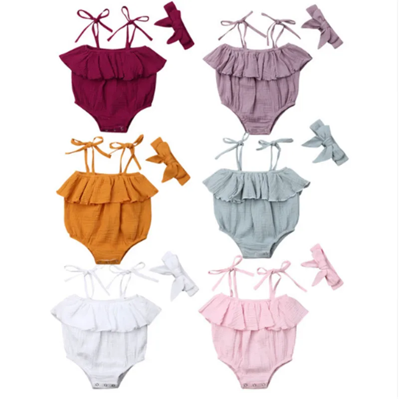 Лето г. новорожденных маленьких обувь для девочек слинг комбинезон с оборками комбинезон Твердые хлопковый комбинезон повязка на голову 2 шт. младенческой наряды одежда