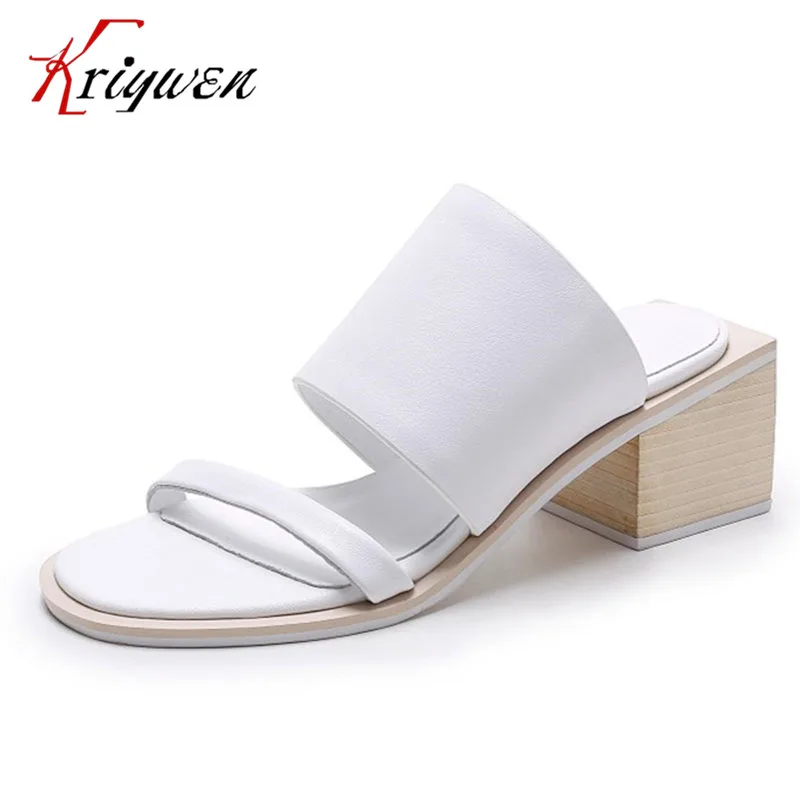 

100% cowhide brand genuine leather slippers lady sandals 5cm med heels concise lady female office solid elegant slides shoes
