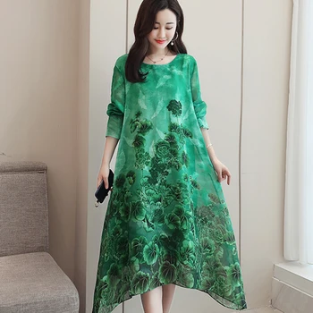 

2020 Summer New Women's Dress Long Section Large Size Loose Simulation Silk Dress Temperament Elegant Print Dress Vestido QQ231