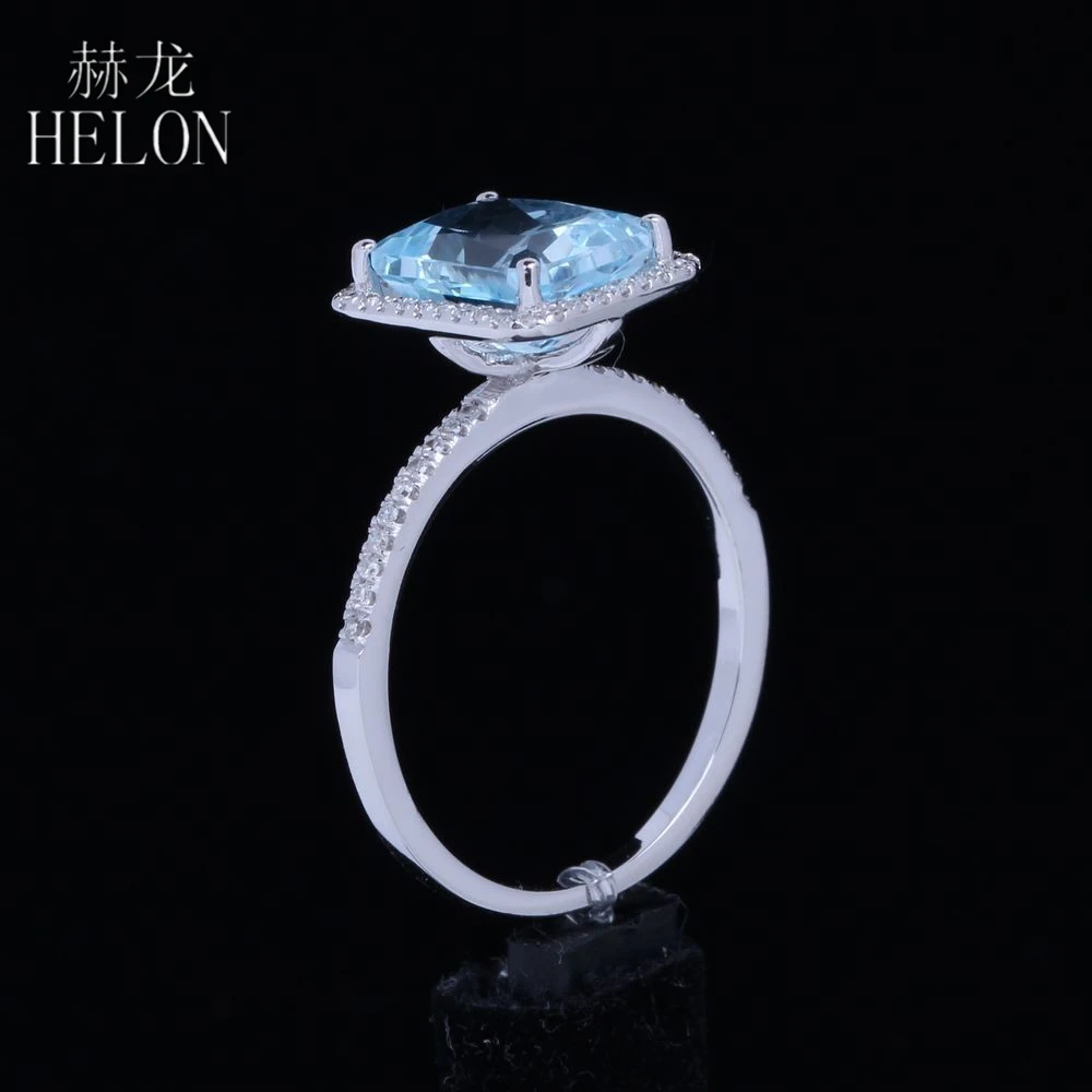 HELON Solid 10K белое золото Изумрудное кольцо 2.4ct натуральный, небесно-синий топаз натуральные бриллианты кольцо женская помолвка Свадебная вечеринка ювелирные изделия