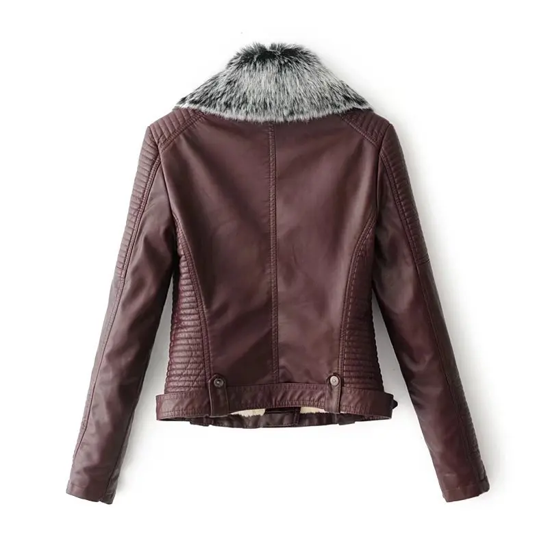 S-XL, женская теплая куртка из искусственной кожи и бархата, байкерская куртка с меховым воротником, короткая куртка из искусственной кожи высокого качества