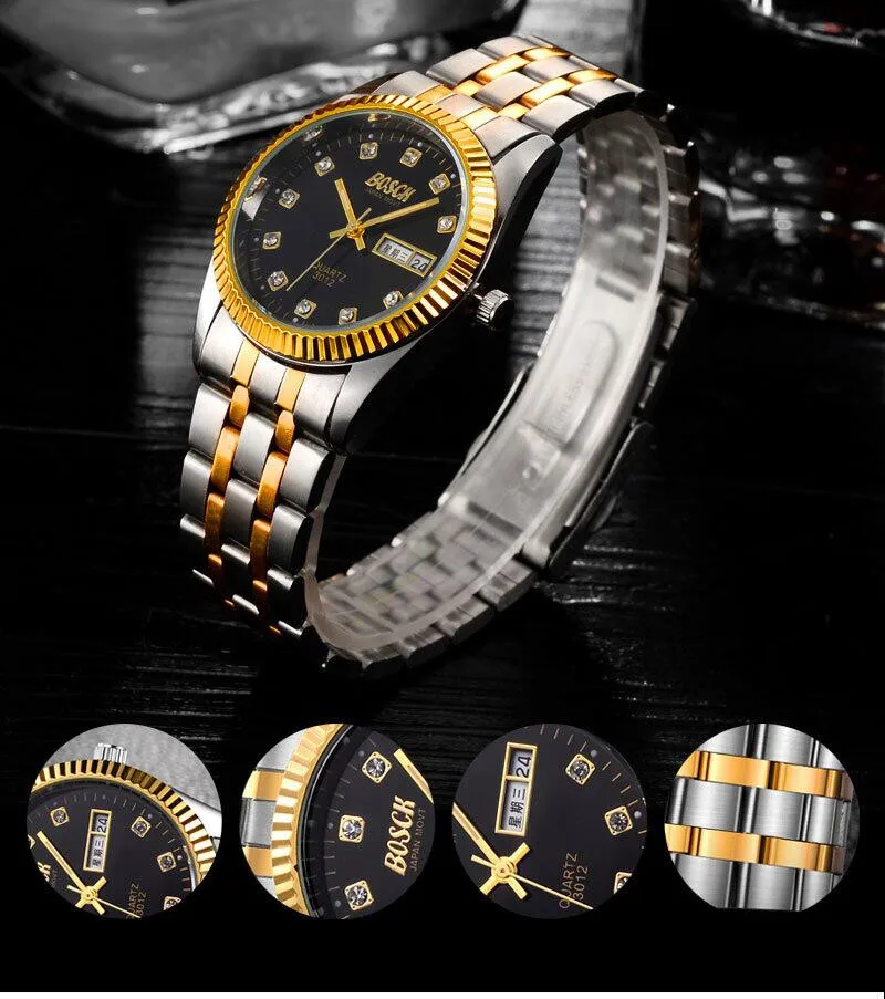 

BOSCH Between gold stainless steel men's leisure time, show the double calendar watch brand quartz watch waterproof fashion