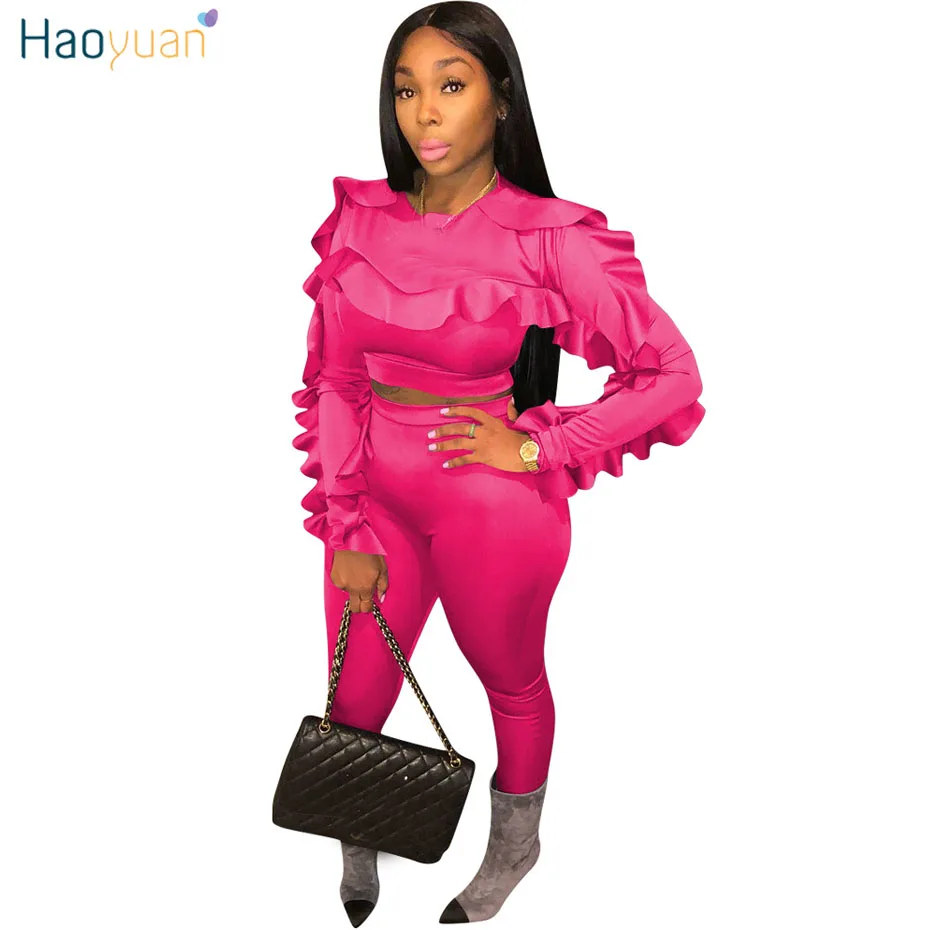 HAOYUAN размера плюс, комплект из двух предметов, женский спортивный костюм, сексуальные топы с рюшами и длинным рукавом+ облегающие штаны, костюм, повседневная одежда, подходящие комплекты - Цвет: Розовый