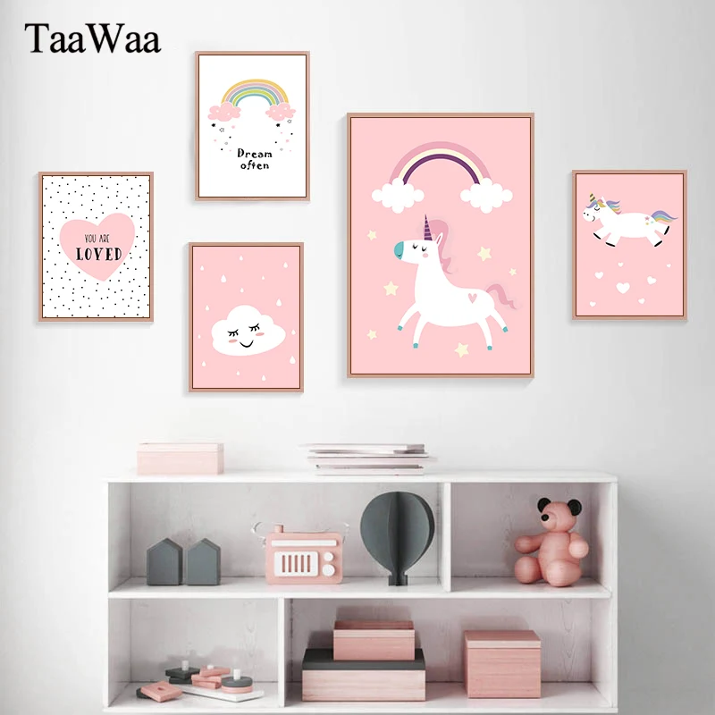 

Baby Gilr Room Wall Art Decoration Pink Cartoon Rainbow Unicorn Posters and Prints Nordic Nursery Painting Picture Home Decor
