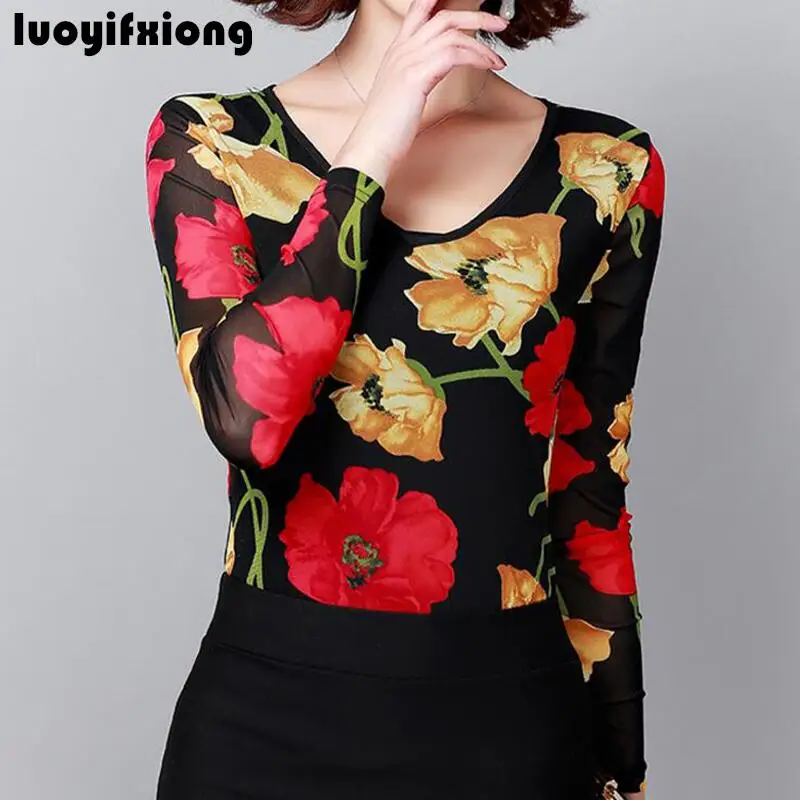 

Long Sleeve V-neck Lace Blouse Women Women Shirts 2019 New Elasticity Slim Print Womens Tops and Blouses Plus Size Blusas Mujer