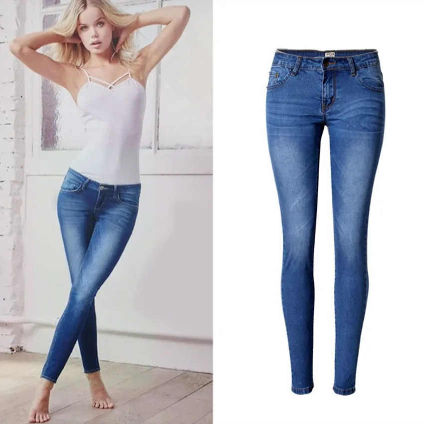 2018 Women Clothing Mid Waist Tight Elastic Pure Cotton Washed Denim Pants Female Casual Fashion