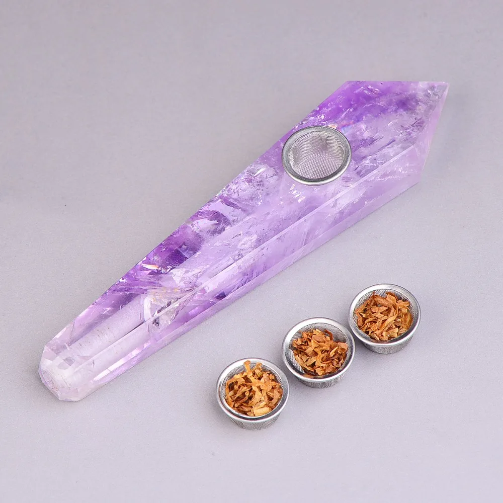 

Wholesale! Natural Amethyst Stone Crystal Pipe Cigarette Holder Magic Wand Point Health Tobacco Smoking Pipe Healing Gift