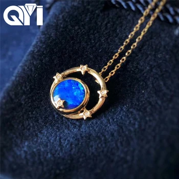 شراءQYI أوبال قلادة 18 كيلو الذهب الأصفر جولة Natual العقيق الأزرق الماس بيندينتس الموهوبين للنساء عيد الحب هدية