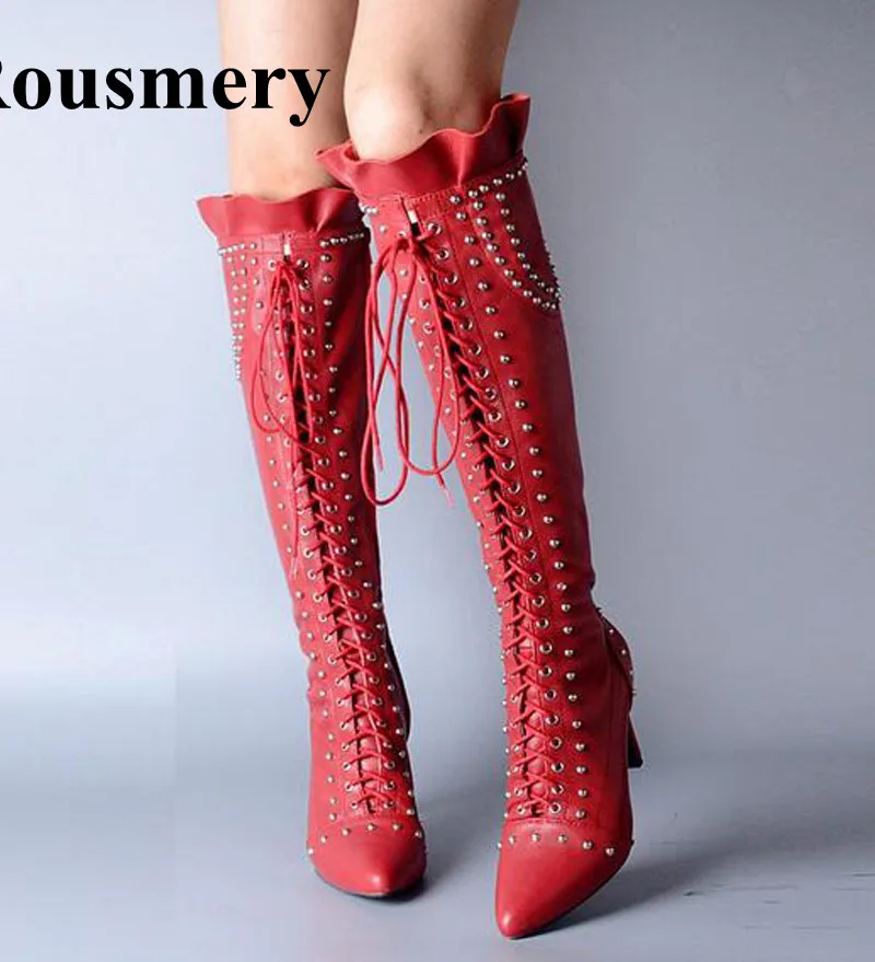 2017 New Fashion Women Charming Design Lace up Pointed Toe Spike Knee ...