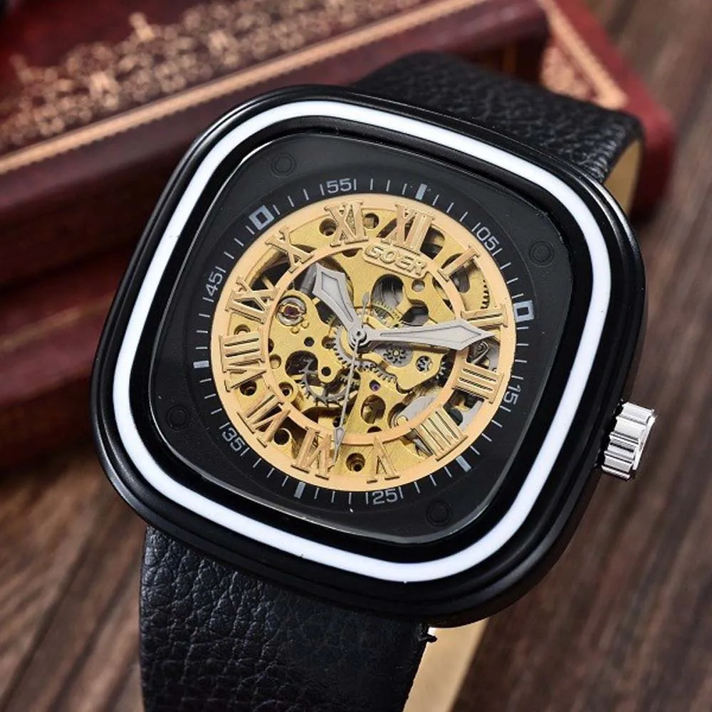 

GOER Men Fashion Sports Mechanical Watches PU Leather Strap Square Automatic Mechanical Skeleton Wrist Watches Relogio Masculino