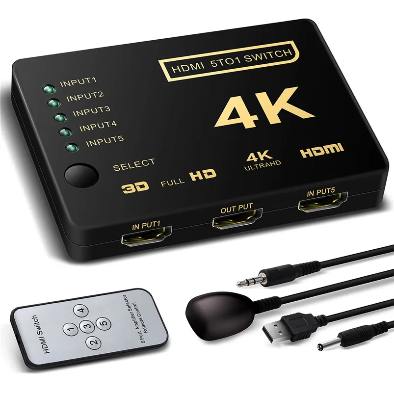 

NewBEP Best Price HDMI Switch 5 input 1 output 3d 5 port 4k HDMI switcher selector splitter with hub IR Remote for HDTV DVD