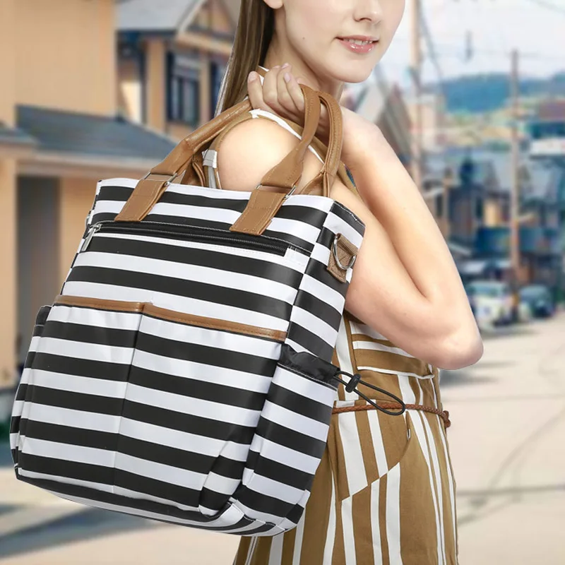 4 PcsSet Baby Diaper Bag Canvas Stripe Large Capacity Mummy Nappy Bags Fashion Mother Handbag Stroller Hook Shoulder Bag BB6006 (9)