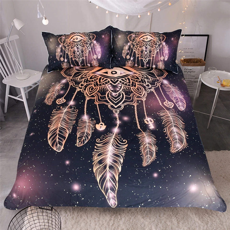 

LISM Dream catcher eyes Bedding Set King Size Luxury Galaxy Golden Print Bohemian Bedclothes 3d Duvet Cover pillowcase