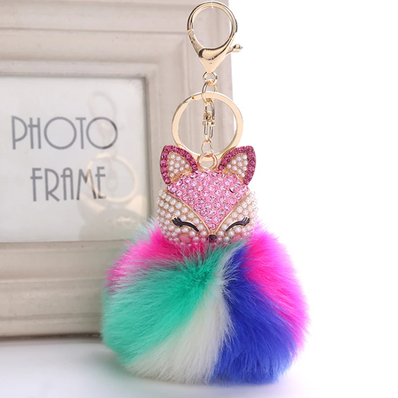 

Fluffy Fox Keychain Pompom Car Keychain Colorful Fox Fur Keychain Ball Crystal Rhinestone Fur Key Chain Cool gifts Key Women