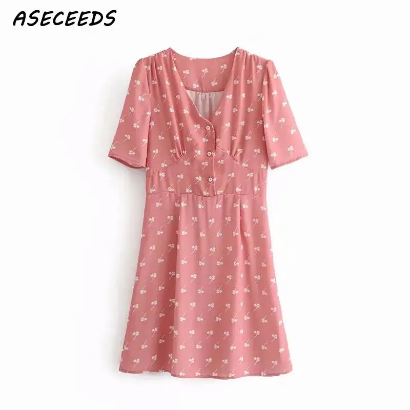 

Vintage red floral print chiffon dress women short sleeve buton beach dress 2018 korean casual mini dress summer boho vestidos