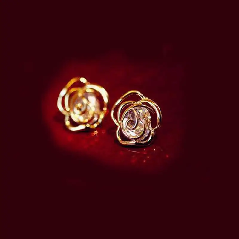 

6 Pair/lot Fashion Gold Color Earrings Hollow Zircon Roses Stud Earrings For Women Jewelry