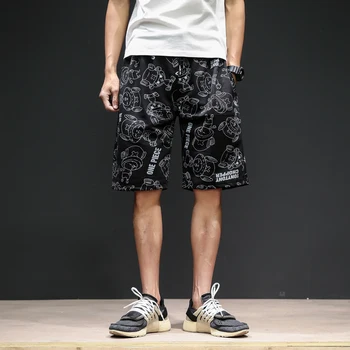 

Chinese Style loose letters Cartoon printed Summer shorts male graffiti leisure harem shorts Loose straight Casual short Men