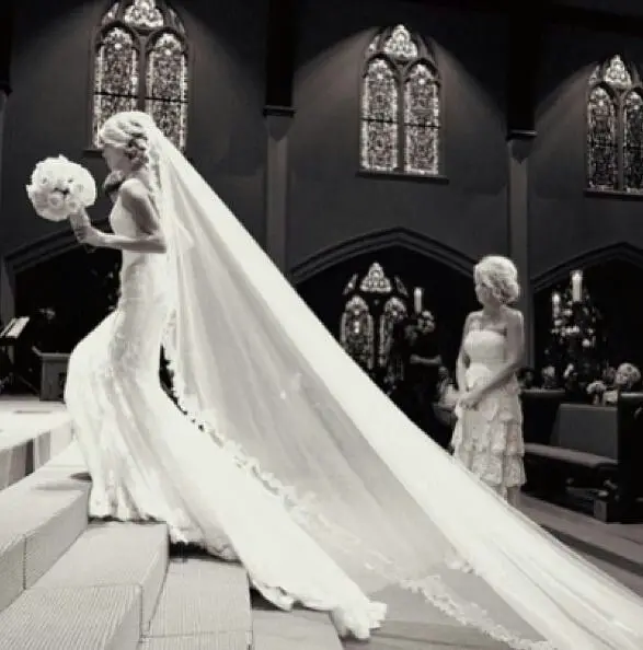 Free Shipping 2014 Hot Sale Tulle Applique Edge Lace Ivory White Cathedral Wedding Veils Long Bridal | Свадьбы и торжества