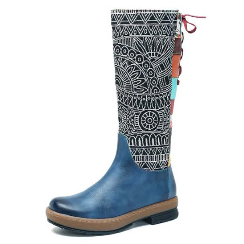 Tacón De Moda Mano Grueso Genuino A Bohemio Estilo Hechas Cálidas Otoño brown Invierno Medias Blue Botas E Cuero Mujer Z0HZd