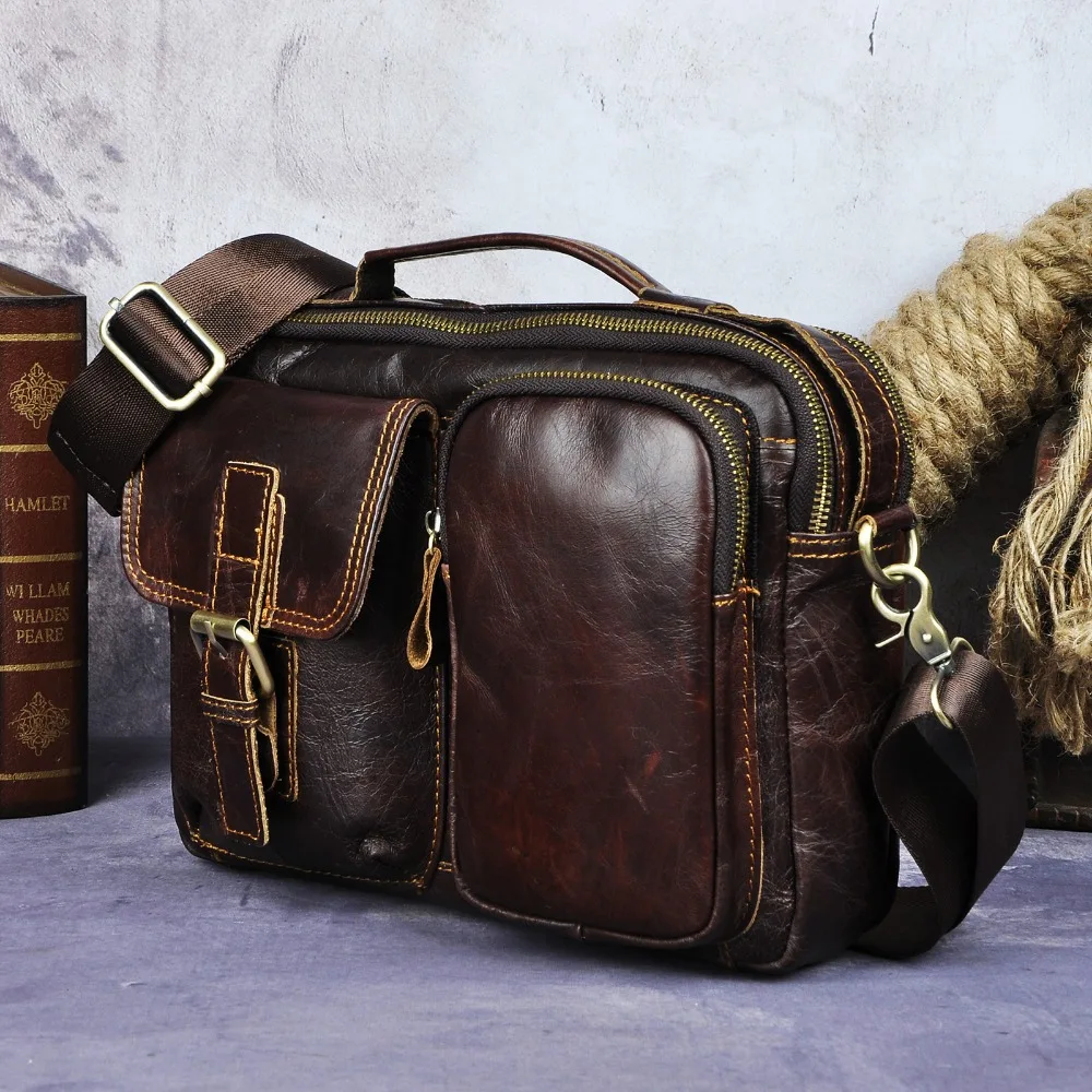 Quality Original Leather Design Male Shoulder messenger bag cowhide fashion Cross-body Bag 9" Pad Tote Mochila Satchel bag 036-c 3