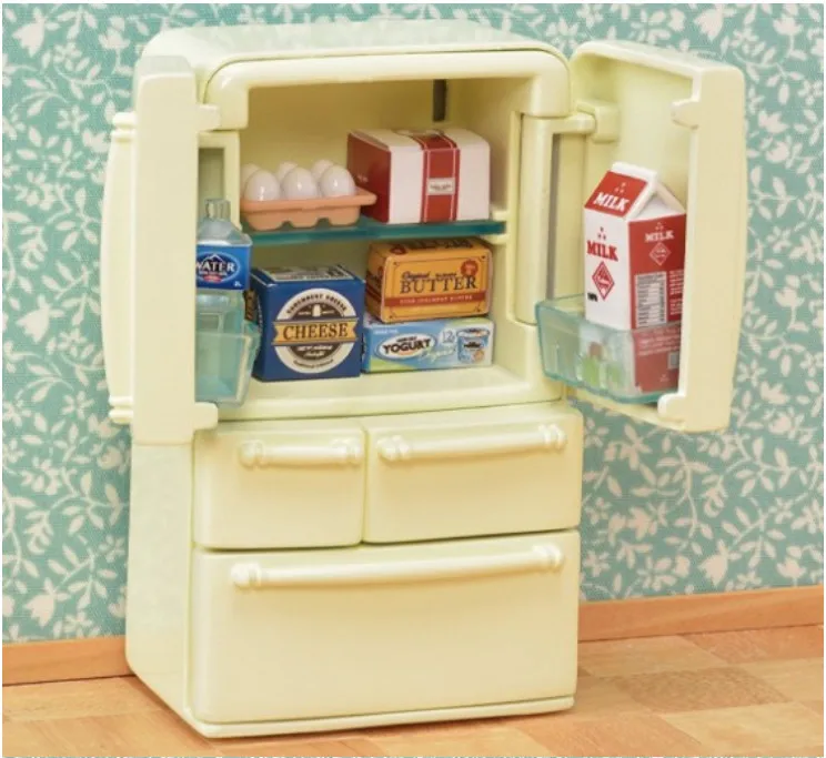 

Sylvanian Families House Refrigerator Freezer With Miniature Food Furniture Dollhouse Pretend Play Kitchen Toys boys Kids Gift