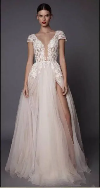 

sexy side slit evening dress 2017 muse berta bridal cap sleeves deep plunging v neck embellished bodice lace tulle skirt open