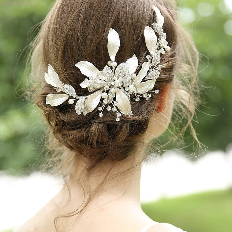  Jonnafe Generous Silver Leaf Women Barrette Rhinestone Bridal Headpiece Hand wired Wedding Hair Cli