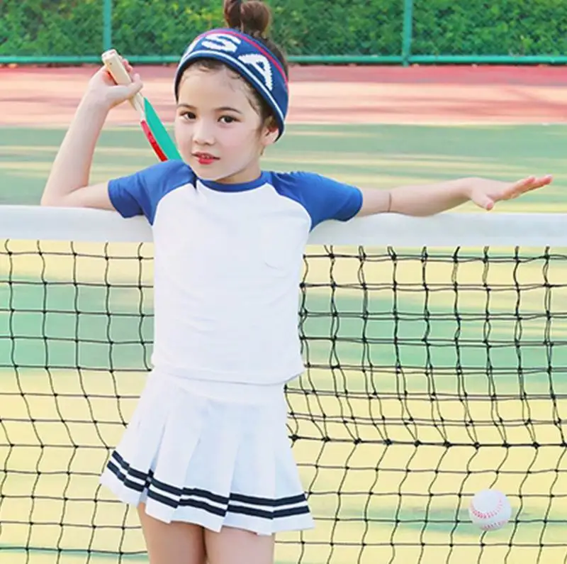 Розничная, новые летние комплекты одежды для девочек-подростков хлопковый спортивный костюм с юбкой для теннисного мяча детская одежда От 5 до 14 лет, A1785