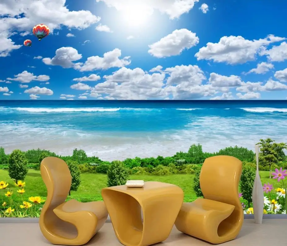 Romantic beautiful blue sky white clouds sea grass background wall modern living room wallpapers Romantic beautiful blue sky white clouds sea grass background wall modern living room wallpapers