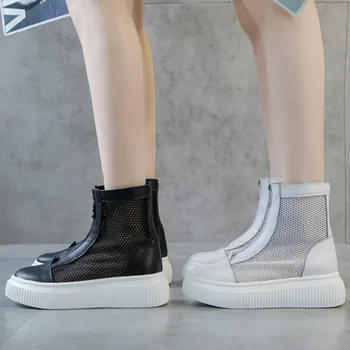 

High-top casual shoes leather students autumn breathable sports mesh women Locomotive shoes openwork net boots Increase F1-85