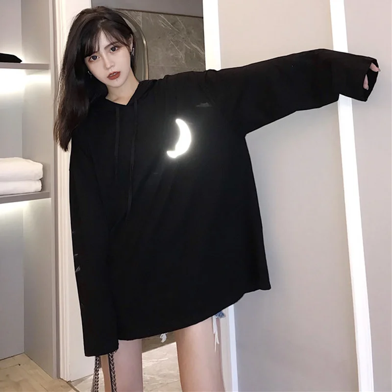 

Reflective Crescent Print Hooded Women Harajuku New Autumn Long Sleeve Loose Pullovers Sweatshirt Fashion Casual Hoodies Femlae