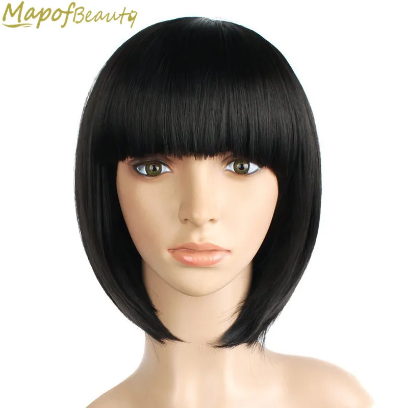 MapofBeauty 1" натуральный короткий прямой боб парик синтетические волосы для женщин темно-черный термостойкий женский поддельные волосы с челкой