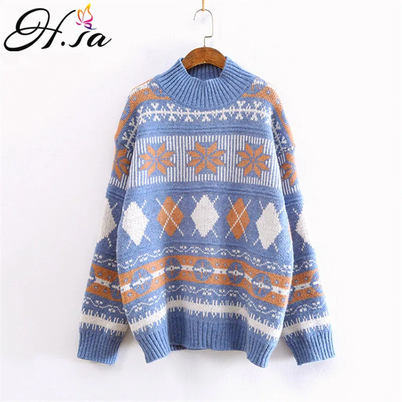 

H.SA Women Pullover and Sweaters Vintage Geometric Pull Jumpers Long Sleeve Oversized Chic Fashion Knitwear ukraine jumper 2019