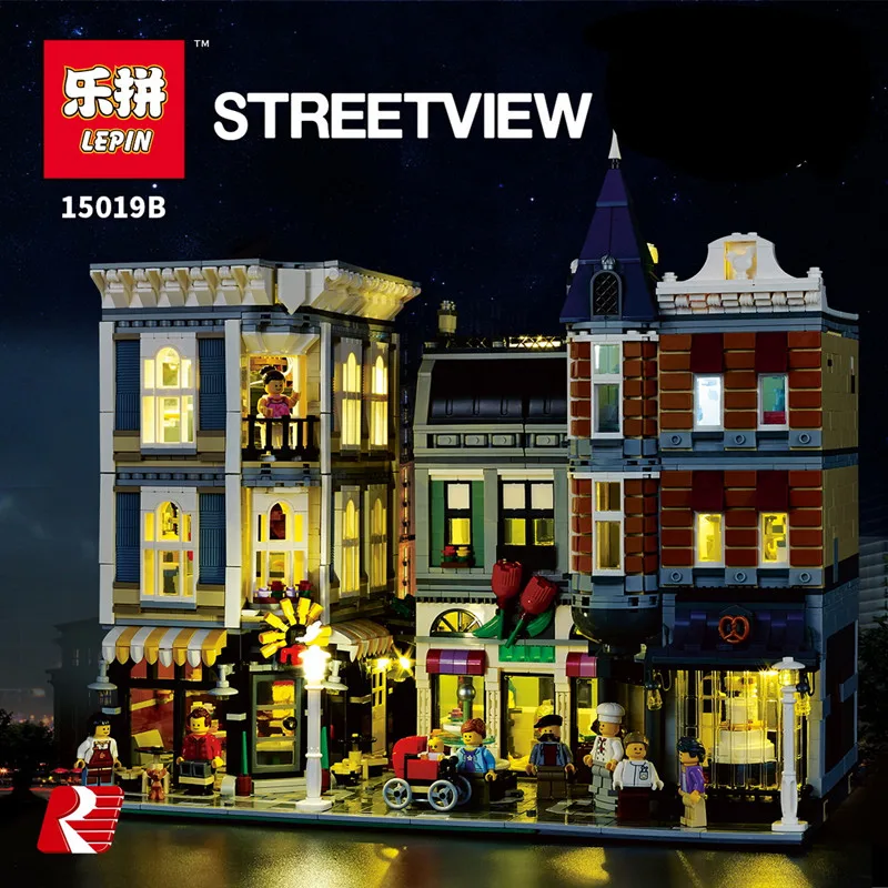 

Lepin 15019B MOC Creative Series The Assembly Square Set Building Blocks Bricks Christmas Toy Small piece block 10255 with light