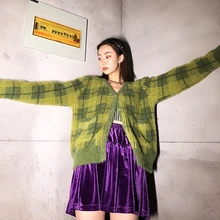 Кардиганы женские винтажные kawaii Зеленый Клетчатый укороченный свитер на пуговицах спереди кардиган с карманом Feminino с биркой