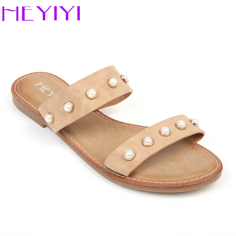 

Flat Slippers Beach Summer Pearl Fashion Women Shoes Non-slip Soft Rubber Sole White Black Mules Slide Sandals Large Size HEYIYI
