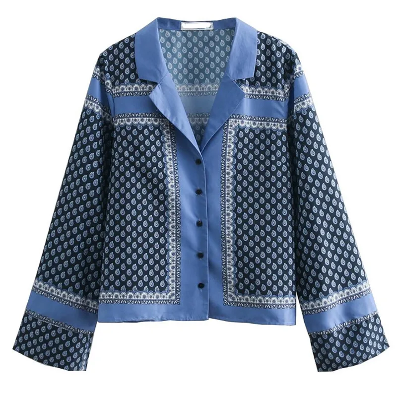 2019 Retro Notched Location Blue Floral Print Kimono Shirt Woman Long sleeve Plaid Single-Breasted Pajamas style Blouse