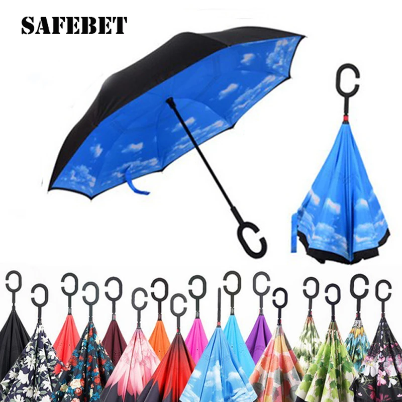 

Windproof Reverse Umbrella Folding Double Layer Inverted Upside Dow Umbrella Self Stand C-Hook Hands for Car Drop Shipping