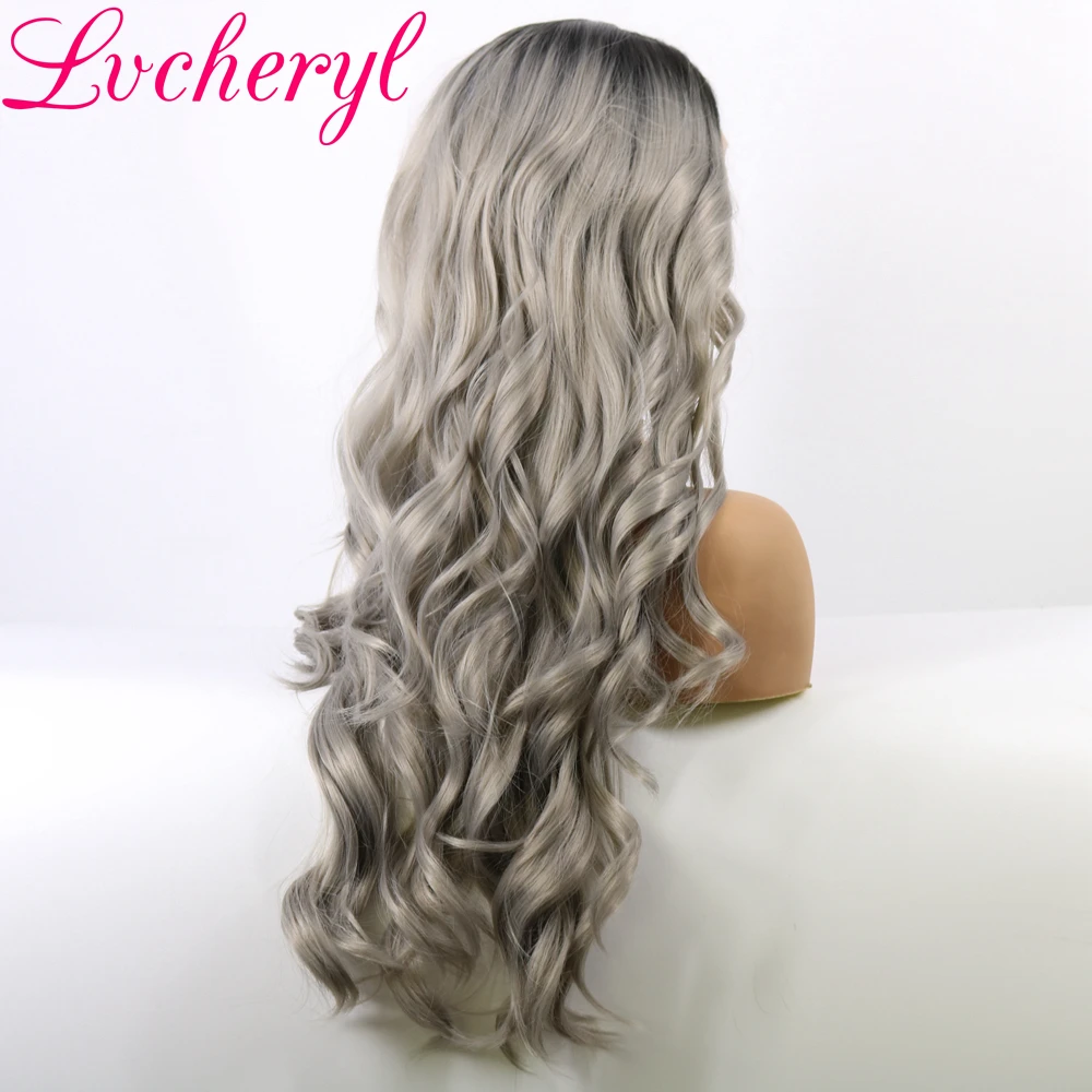 Lvcheryl Ombre Grey Hair Wigs Natural Wave Long Synthetic Lace Front Wigs High Temperature Fiber Hair Wigs for Women