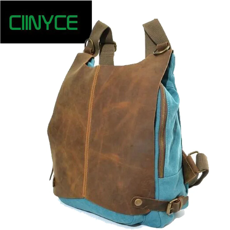 

Crazy Horsehide Canvas Vintage style Nature Skin Cowhide men's women's Casual Travel School Laptop Backpacks Bags