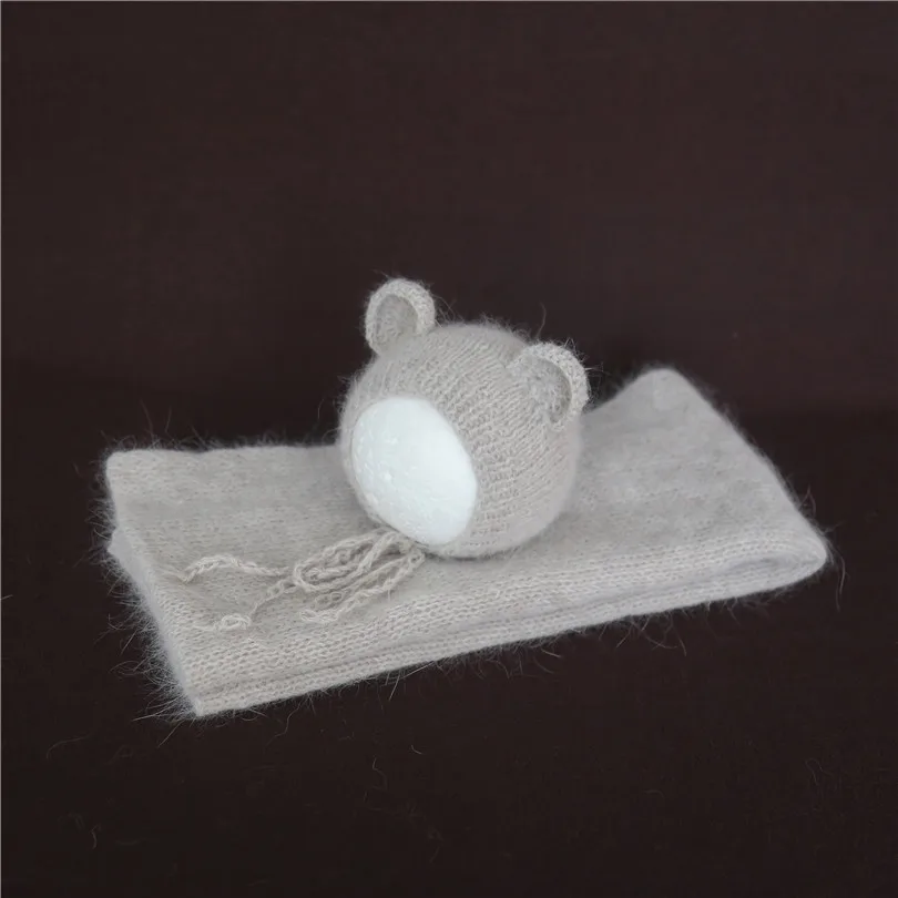 Brown Newborn Boy Angora Hat Wrap Set Bear Angora Bonnet Newborn Photography Props Knitted Teddy Bear Fluffy Baby Stretch Wrap 6