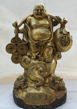 

USPS to USA S2416 18" Chinese Bronze Gild Money Bag Coin Toad Happy Laugh Maitreya Buddha Statue