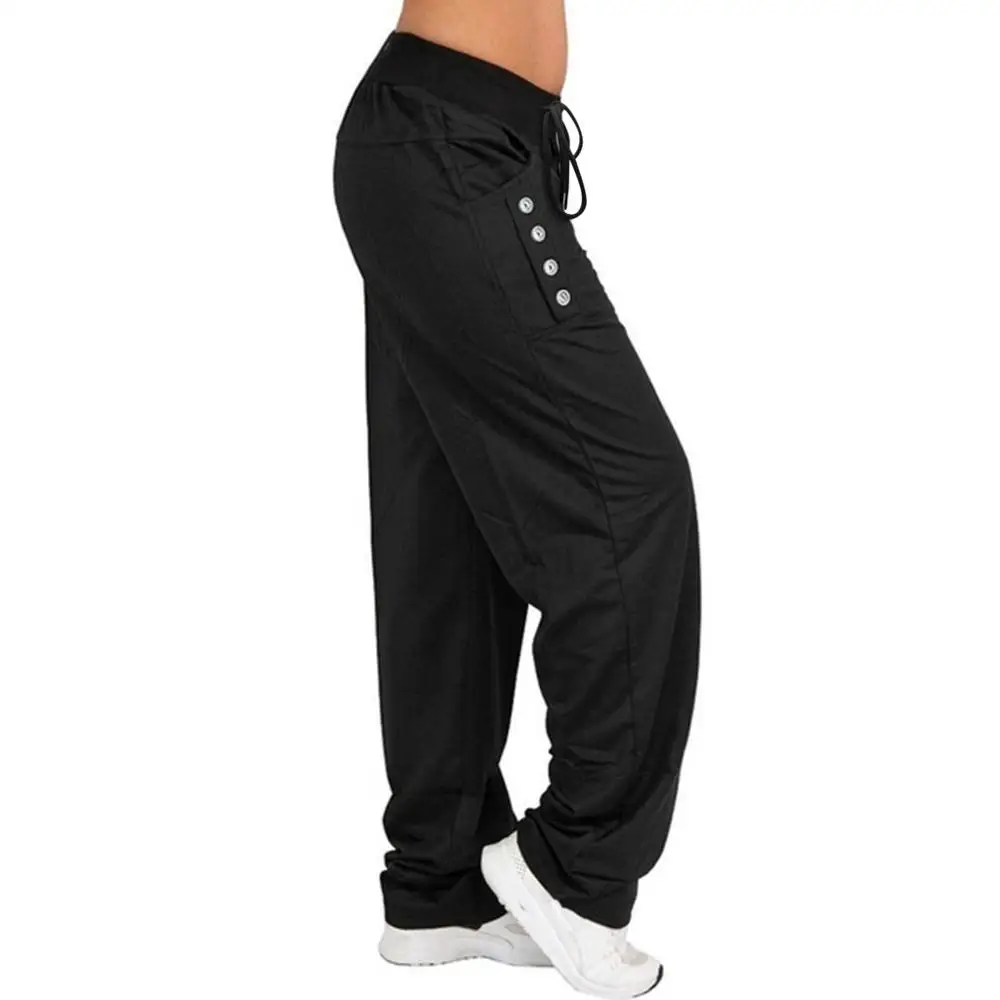 

Women Button Casual Pants High Waist Strap Pants Solid Color Wide Leg Pants