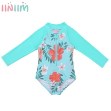Детский цельный купальник с длинными рукавами для девочек, UPF 50+ защита от солнца, с цветочным принтом, на молнии спереди, купальный костюм, летняя одежда для купания