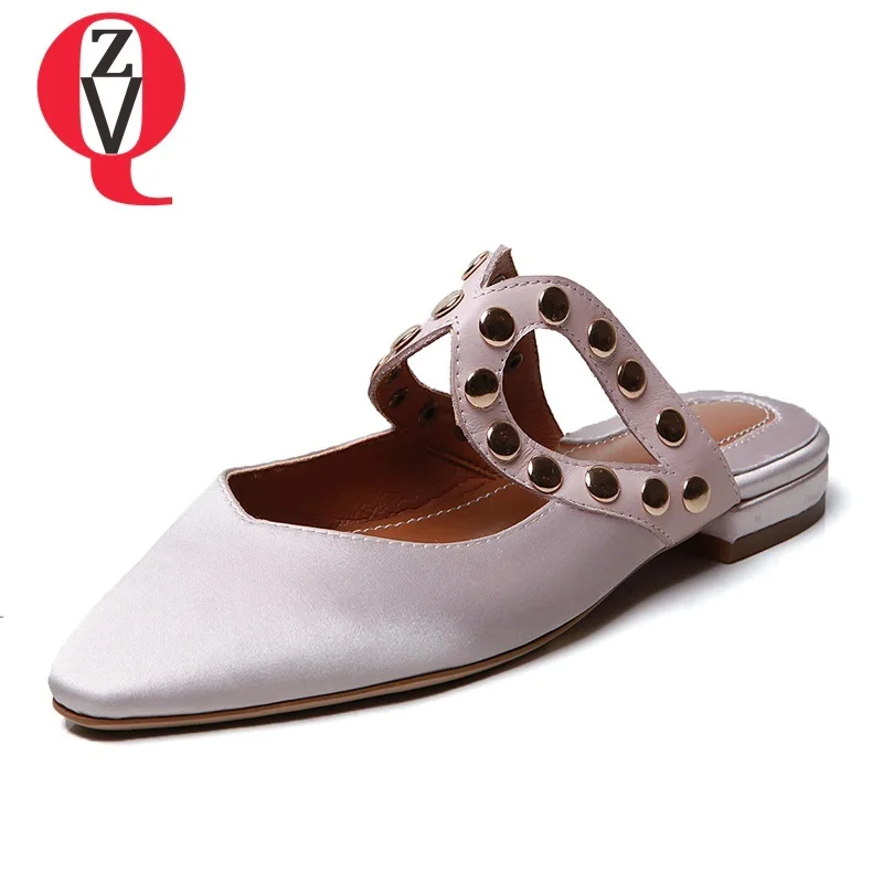 

ZVQ 2019 spring new fashion square toe silk shoes woman low square heel rivet slip-on woman slippers outside comfortable shoes