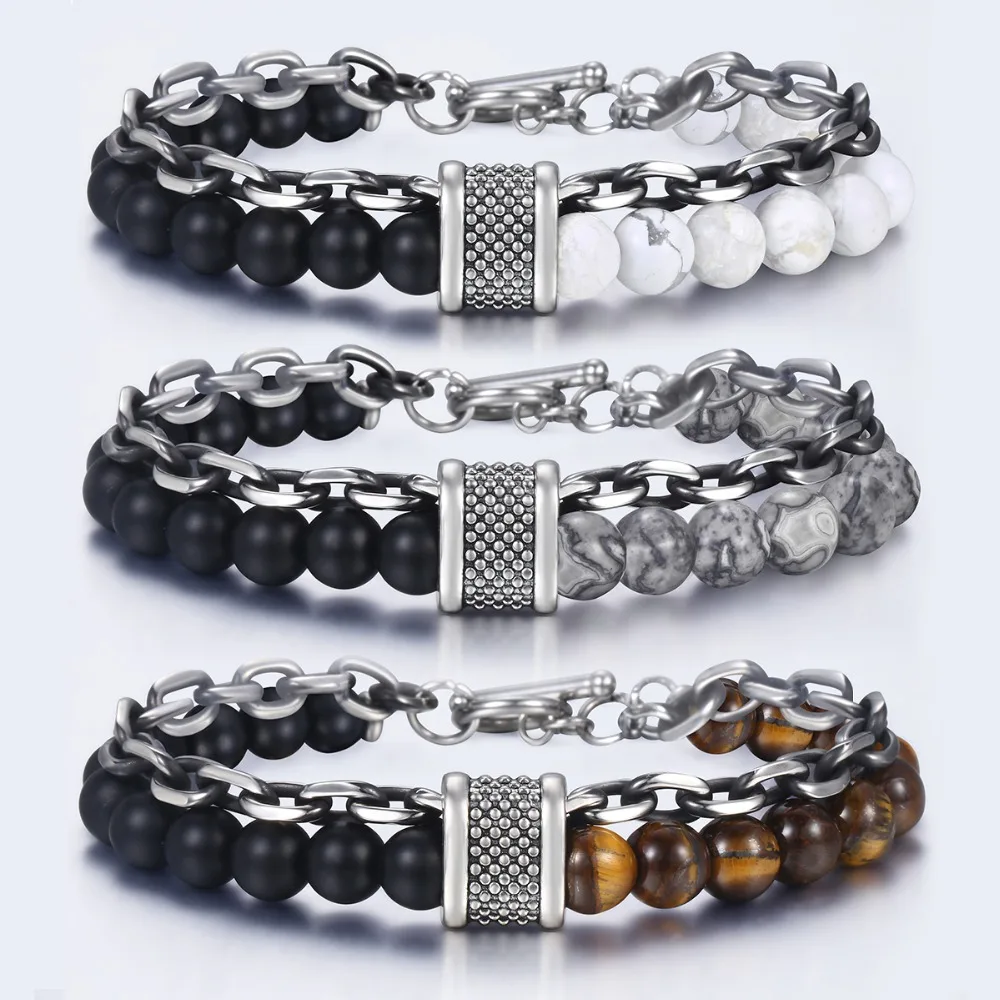 Trendsmax Natural Map Stone Men's Beaded Bracelet for women