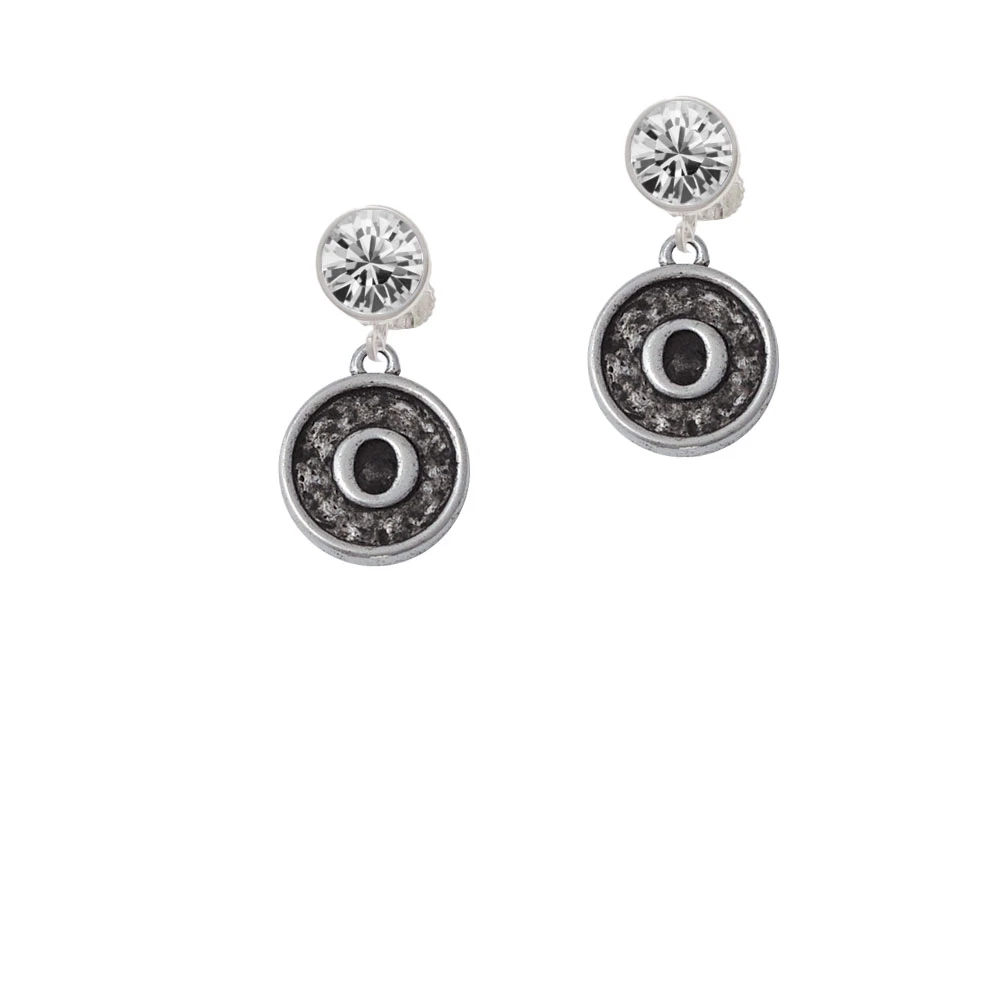 Antiqued Round Seal - Initial - O - Crystal Clip On Earrings (1)