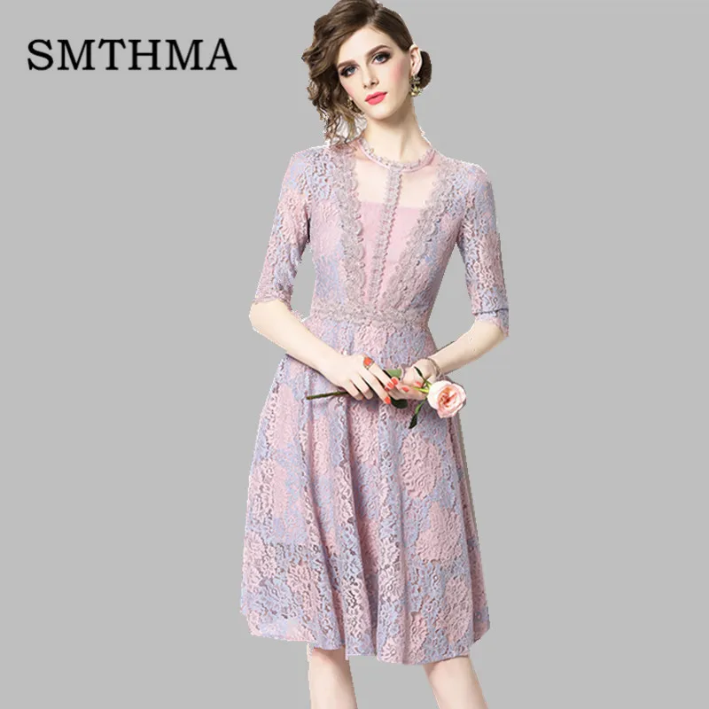 

SMTHMA 2019 New High-end Lace Dress Women Summer Half Sleeve Dresses Elegant Party Vestidos