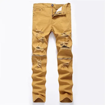 

New Fashion Mens Ripped Biker Jeans 100% Cotton Red Black White Slim Fit Motorcycle Jeans Men's Skinny Hole Denim Joggers Pants